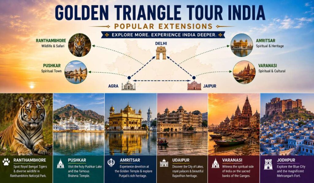 Popular Golden Triangle tour extensions including Ranthambore Amritsar Rajasthan and Varanasi