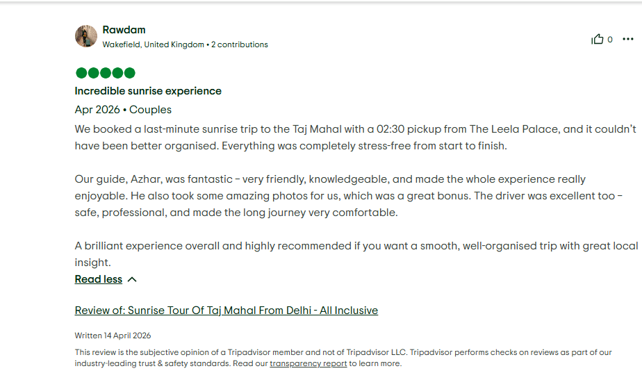 Rawdam's 5-star TripAdvisor review of Emperor Holidays Taj Mahal sunrise tour