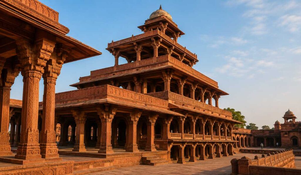 Panch Mahal palace at Fatehpur Sikri with carved sandstone columns