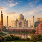 Golden Triangle Tour featuring the Taj Mahal, India Gate, and Hawa Mahal during golden sunrise