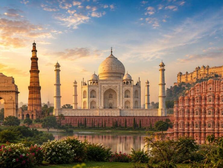 Golden Triangle Tour featuring the Taj Mahal, India Gate, and Hawa Mahal during golden sunrise