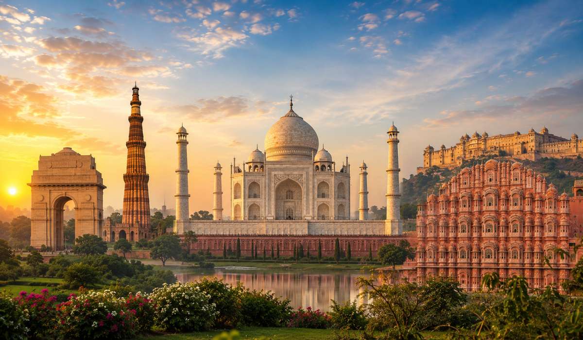 Golden Triangle Tour featuring the Taj Mahal, India Gate, and Hawa Mahal during golden sunrise