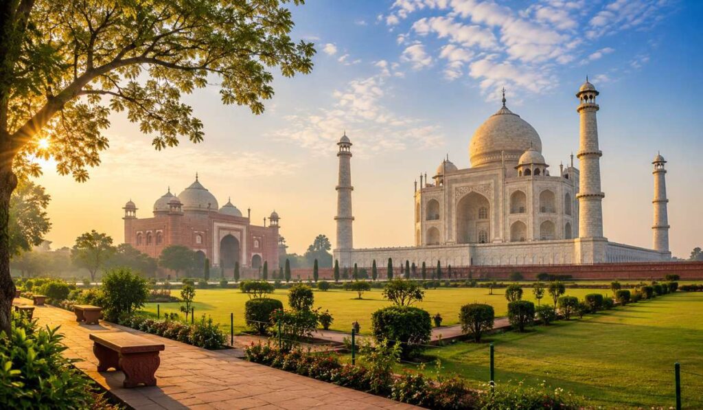 Taj Mahal during pleasant October weather in the Golden Triangle Tour with clear skies and lush gardens