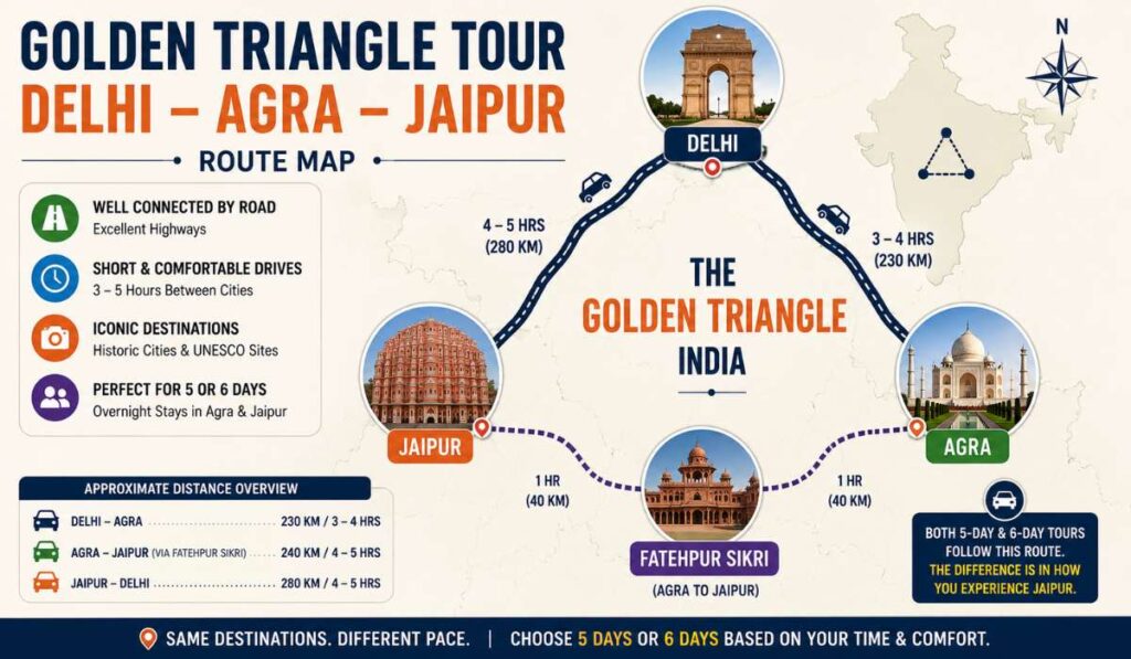 Golden Triangle Tour route map showing Delhi Agra Fatehpur Sikri and Jaipur travel circuit