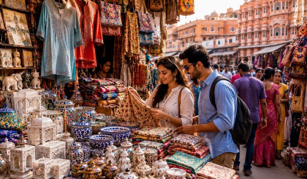 Travelers shopping for handicrafts textiles and local souvenirs in Jaipur market