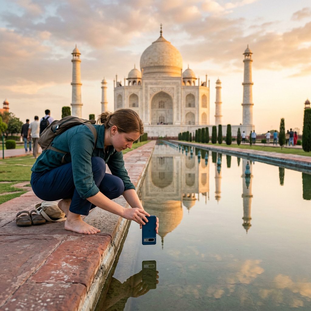 The inverted phone trick in action — kneeling low at the reflecting pool edge to capture full mirror reflection.