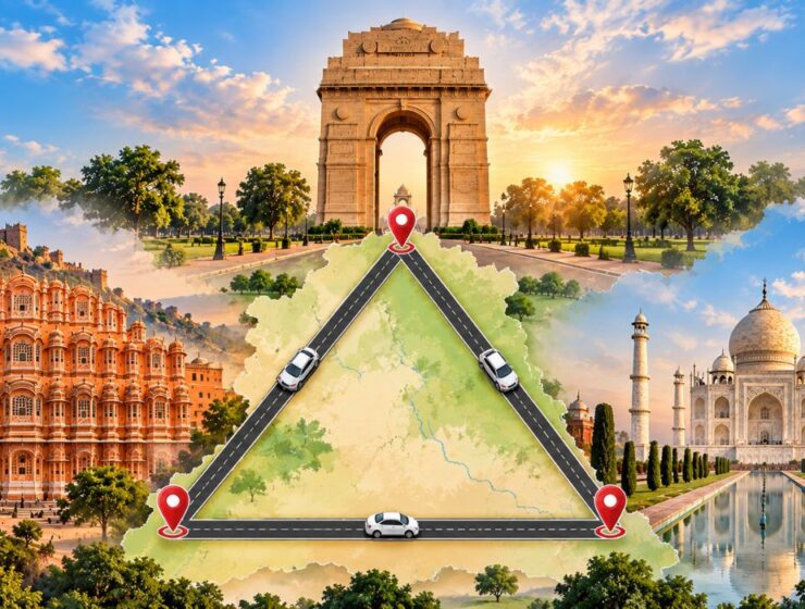 Route map showing the Golden Triangle tour itinerary connecting Delhi, Agra, and Jaipur.