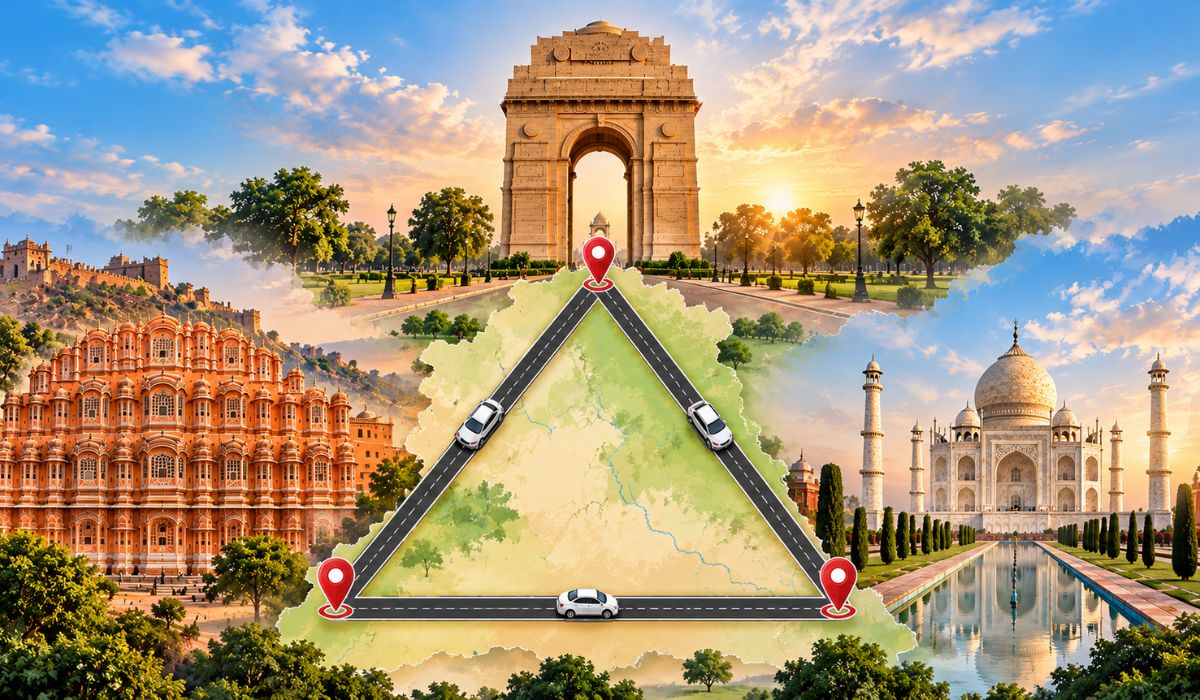 Route map showing the Golden Triangle tour itinerary connecting Delhi, Agra, and Jaipur.