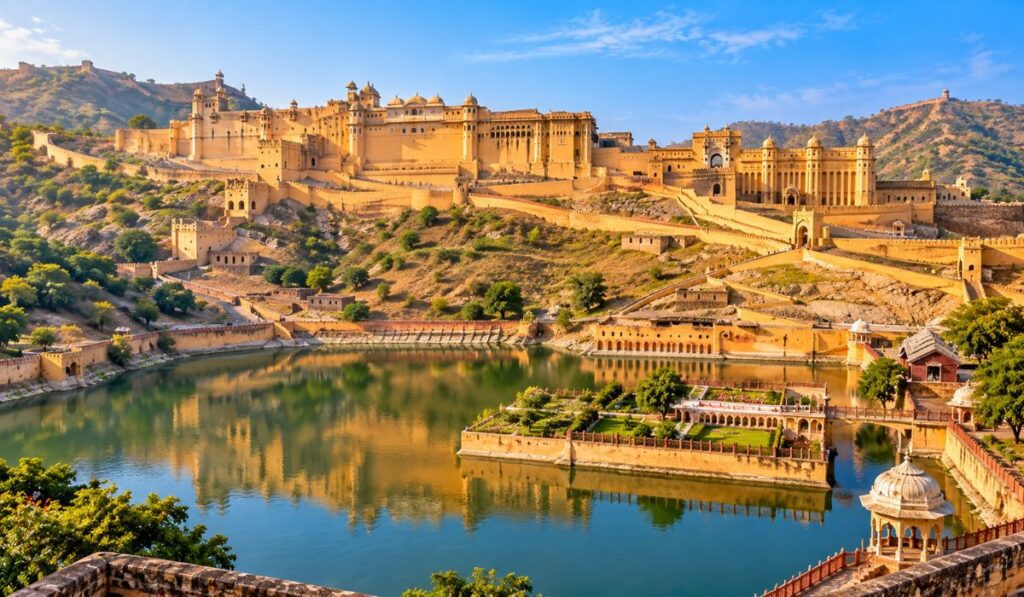 Amber Fort overlooking Maota Lake on a Golden Triangle tour itinerary in Jaipur.