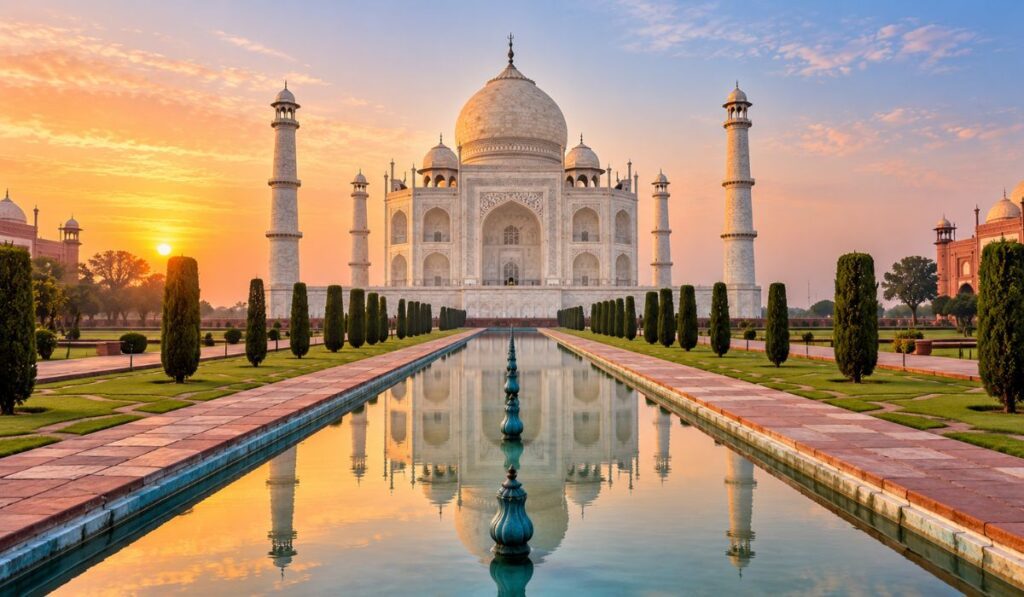 Taj Mahal at sunrise during a Golden Triangle tour itinerary in Agra.
